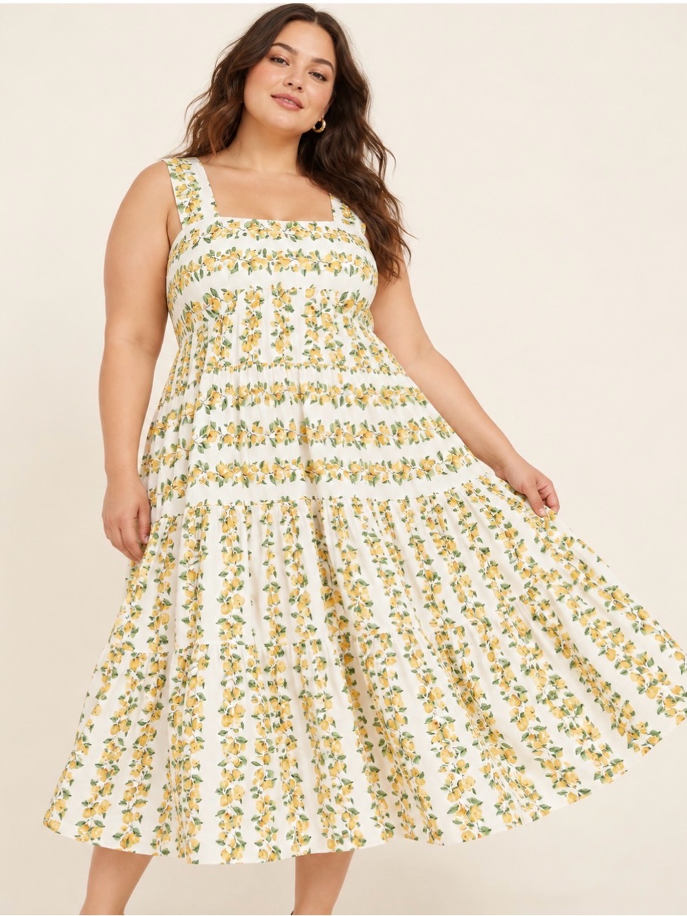 Anthropologie | The Helena Lemon Print Square-Neck Tiered Midi Dress - Size 2X